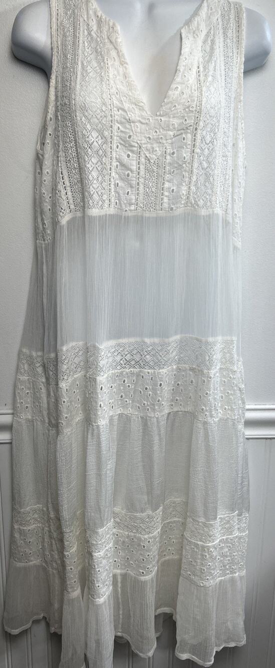 Sundance White Tank Midi Dress M Boho Lace Sheer Tiered Cottage Prairie Dainty